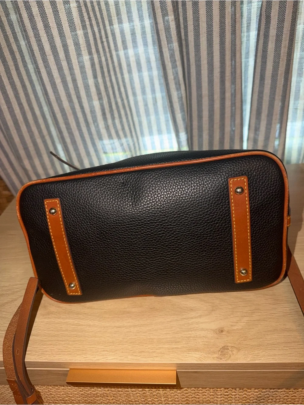 Dooney & Bourke Black Pebbled Leather Satchel with Tan Trim